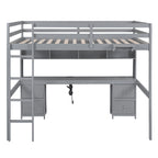 Gray Full Size Loft Bed with Desk, Cabinets, Drawers, Bedside Tray, Charging Station, Pine Wood+MDF
