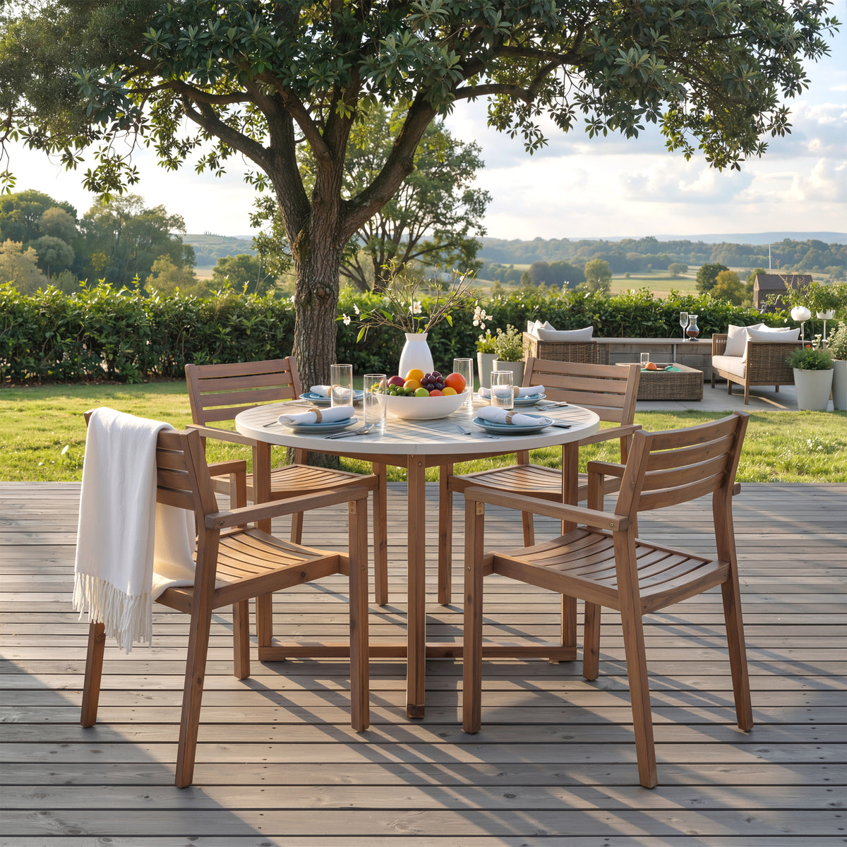 U_STYLE 5-Piece Outdoor Dining Set with 4 Acacia Wood Chairs,47.2' Round Dining Table with Slatted Design, Ideal for Patios, Gardens, Poolsides, and Lawn Areas & Indoor