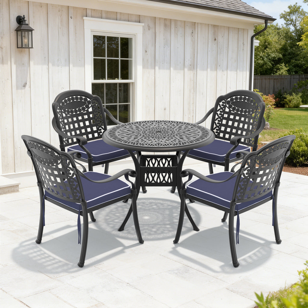 5-Piece Set Of Cast Aluminum Patio Furniture With Black Frame and Blue Seat Cushions