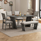 TREXM 6-Piece Retro Dining Table Set for 6, 60' Wood Kitchen Table and Chairs Set of 4 with Bench Designed Trestle Base for kitchen & Dining Room (Gray)