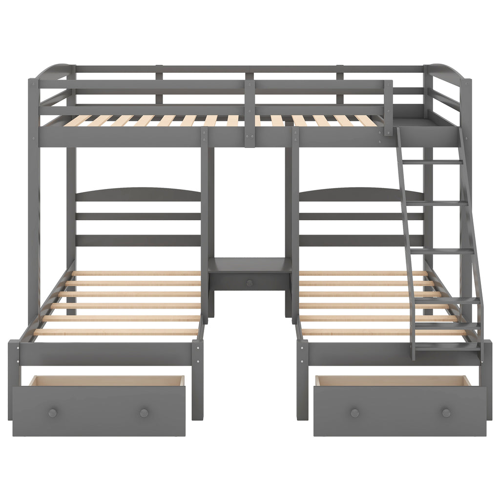 Full over Twin & Twin, Triple Bunk Bed with Drawers, Grey