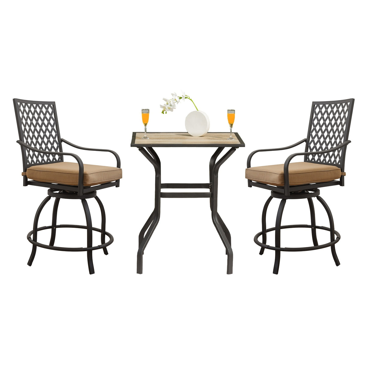 Outdoor Living 3 Pieces Patio Bar Set with Swivels Bar Stools and Top Table, Outdoor Bistro Set for Garden Balcony Backyard Deck, High Bar Chairs with Seat Cushion,Khaki