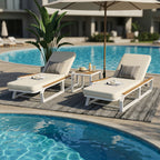 5-Piece Outdoor Chaise Lounge Set, 2 Adjustable Recliners with 2 Cream Cushions + 1 Side Table, Teak Wood Accents, White Iron Frame for Patio Poolside