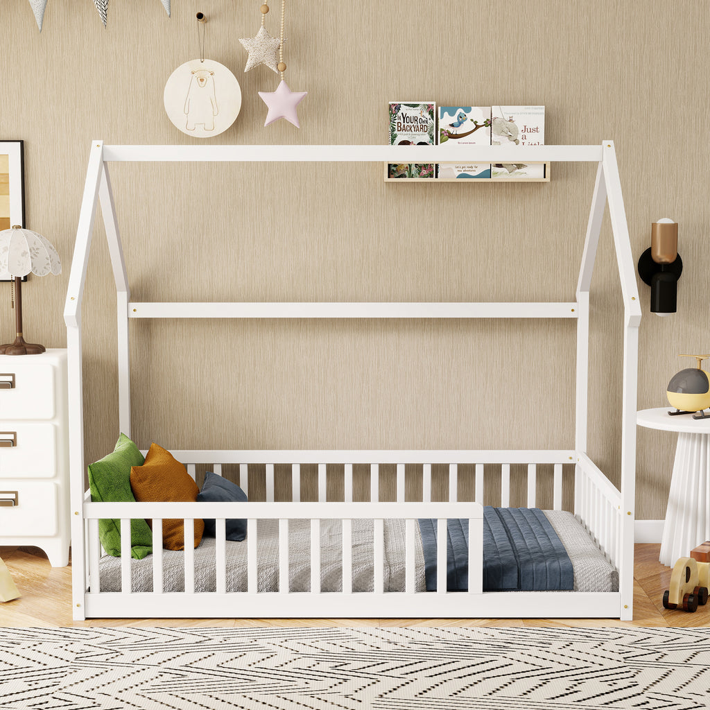 Twin Size House Floor Bed with Roof Frame ,Pine Wood Floor Bed with Safety Guardrails,White