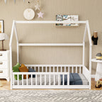 Twin Size House Floor Bed with Roof Frame ,Pine Wood Floor Bed with Safety Guardrails,White