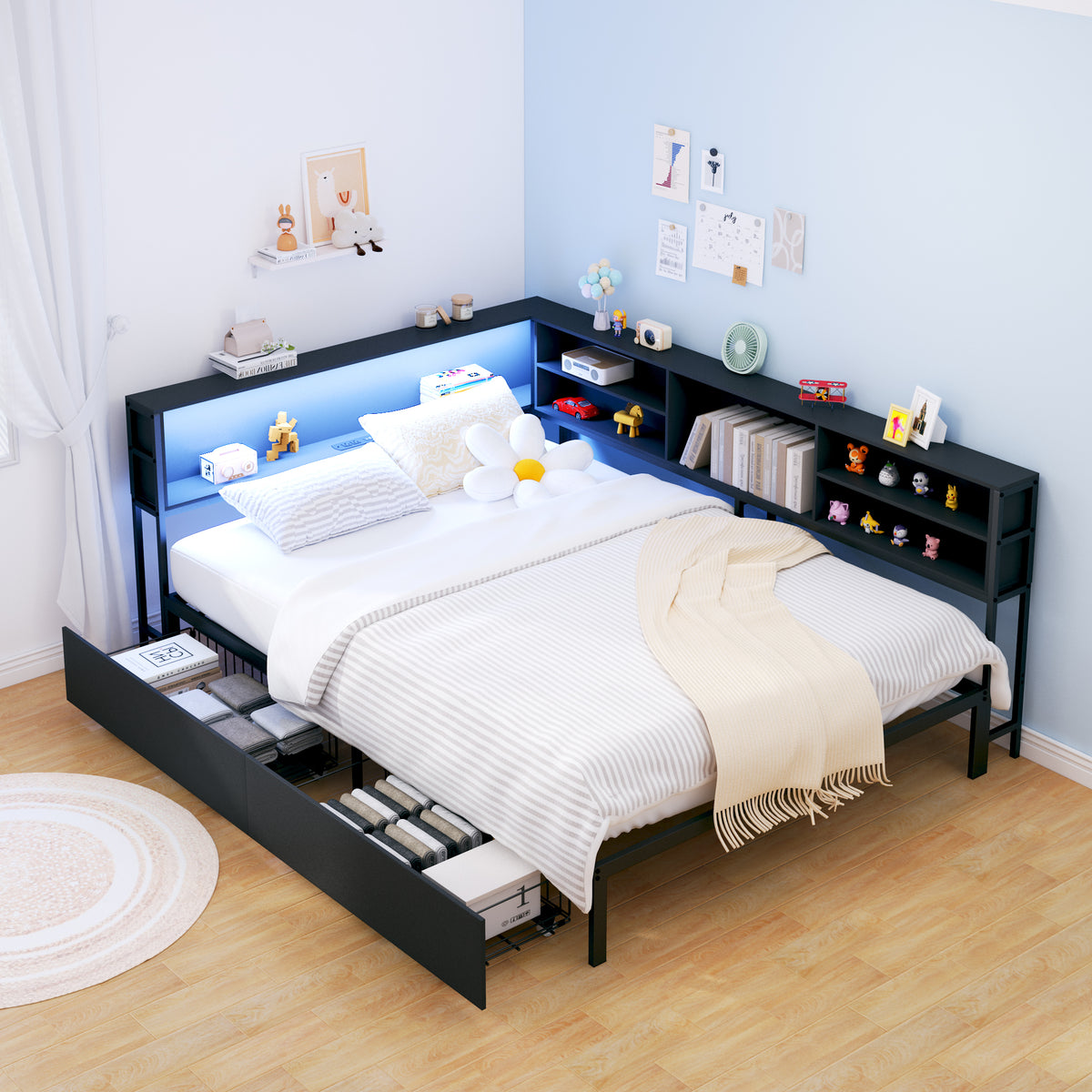 Full Corner Daybed with Storage, Bookcase Headboard, LED Light & Built-in Charging Station