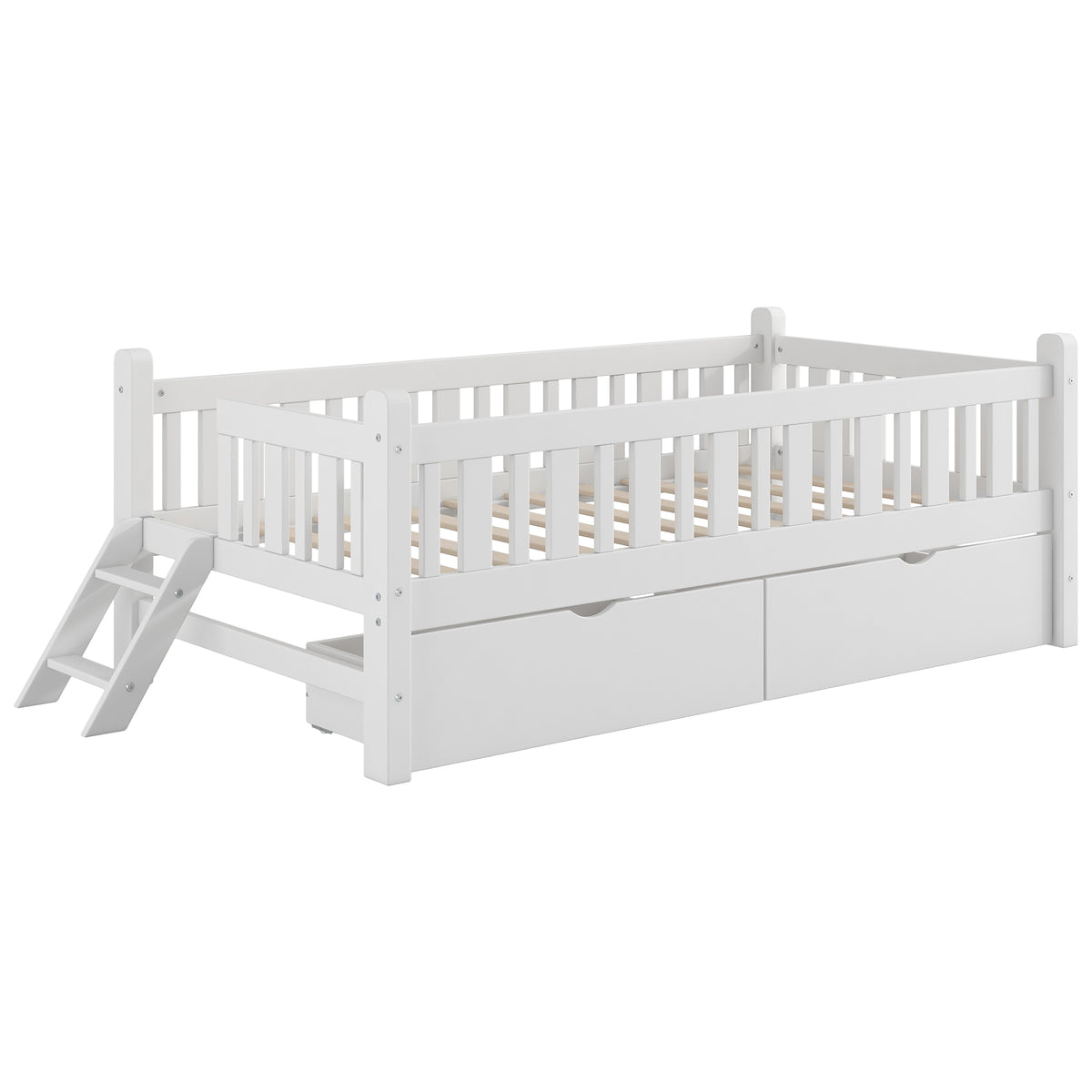 White Wood Twin Size Platform Bed with Guardrail and 2 Drawers, Solid Pine Wood+MDF