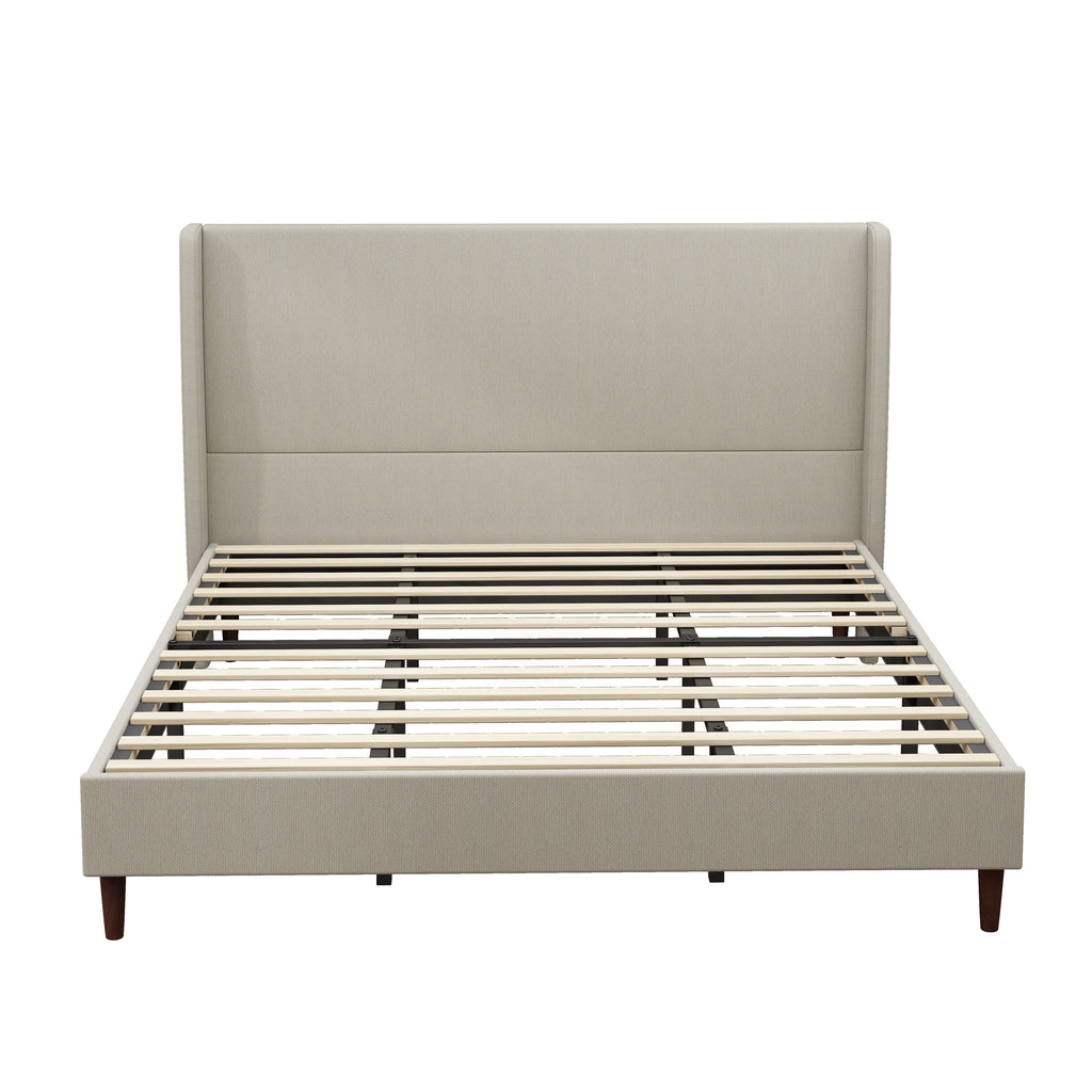 Upholstered King Bed Frame with 12-Slat Support, Beige Linen Cloth,Solid Wood Legs,No Box Spring Needed
