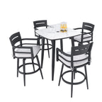 Modern 5PC Outdoor Patio Bar Set,Rounded Square Sintered Stone Table & 4 Swivel Bar Chairs,Non-Rust Aluminum Frame,Ember Black, Marble-Inspired Top,Bearing Swivel Plate,Tapered Legs,Sunbrella Cushion