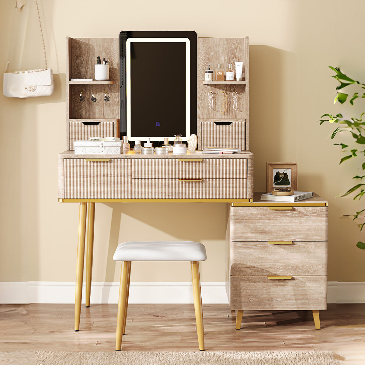 7-Drawer Vanity Desk with LED Mirror & Carved Details, Fluted Makeup Table with Metal Legs and PU Stool, Carved Dressing Table with Jewelry Storage for Bedroom