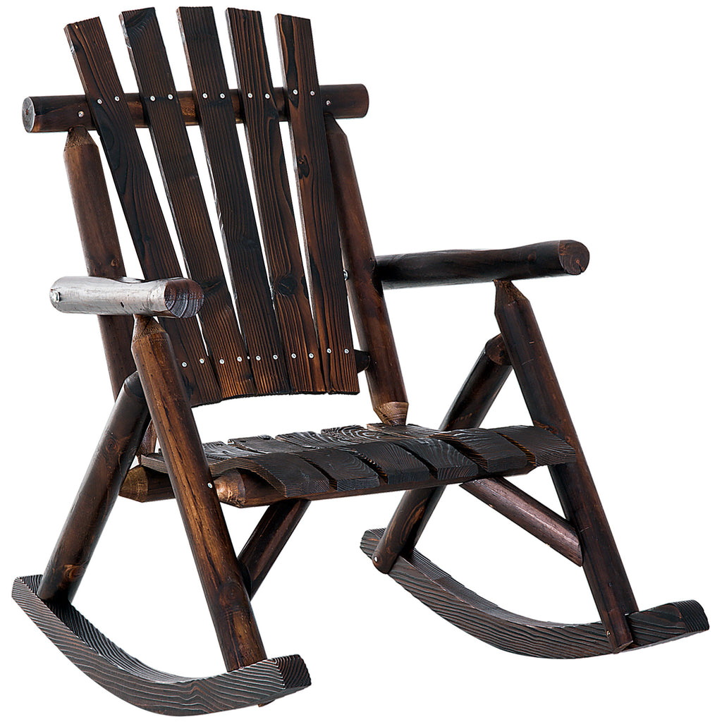 Outsunny Outdoor Wooden Rocking Chair, Rustic Adirondack Rocker with Slatted Seat, High Backrest, Armrests for Patio, Garden, and Porch, Large, Brown