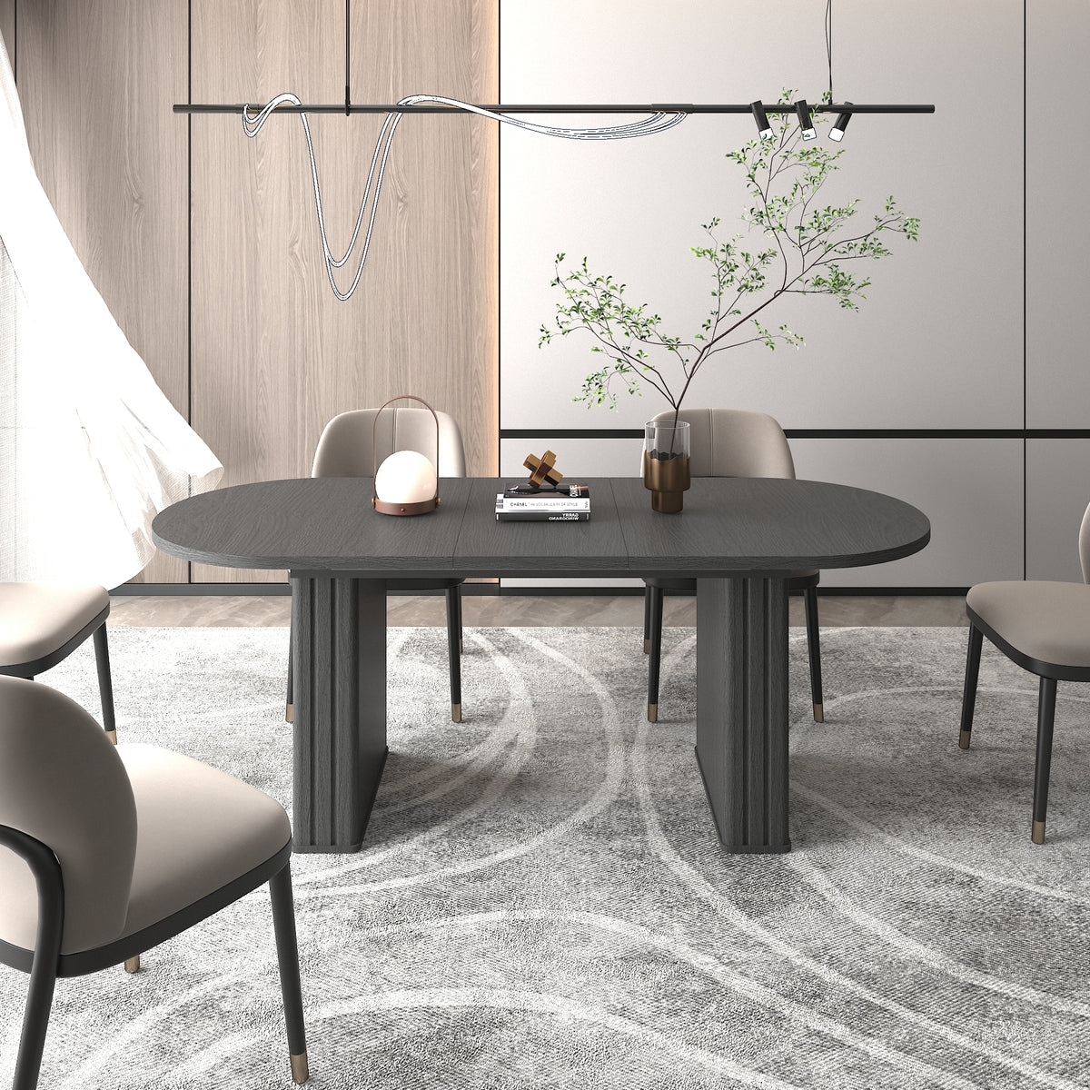 Kitchen extendable dining table for 4-8 people, oval kitchen table with wooden strip base for family living room (black)