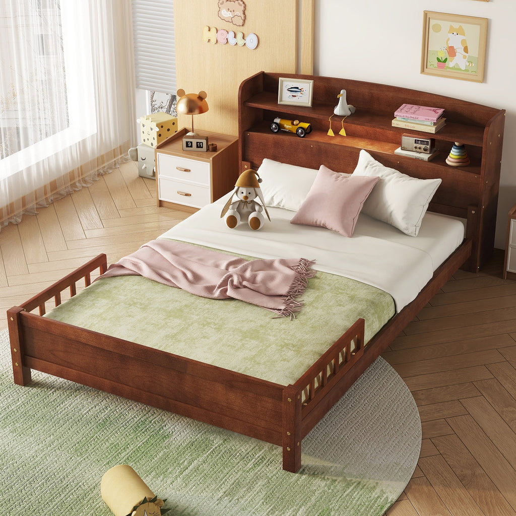 Full Pine Wood Bed with Bookcase Headboard ,LED Motion Sensor Light, Bed Guardrails,Walnut
