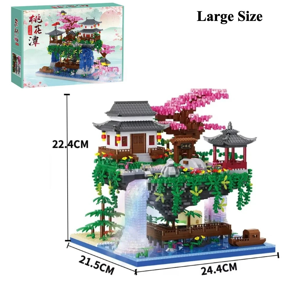 3320 Pcs Tree House Mini Diamond Block Particle Peach Blossom Pool Traditional With Light Chinese Architecture Building Blocks