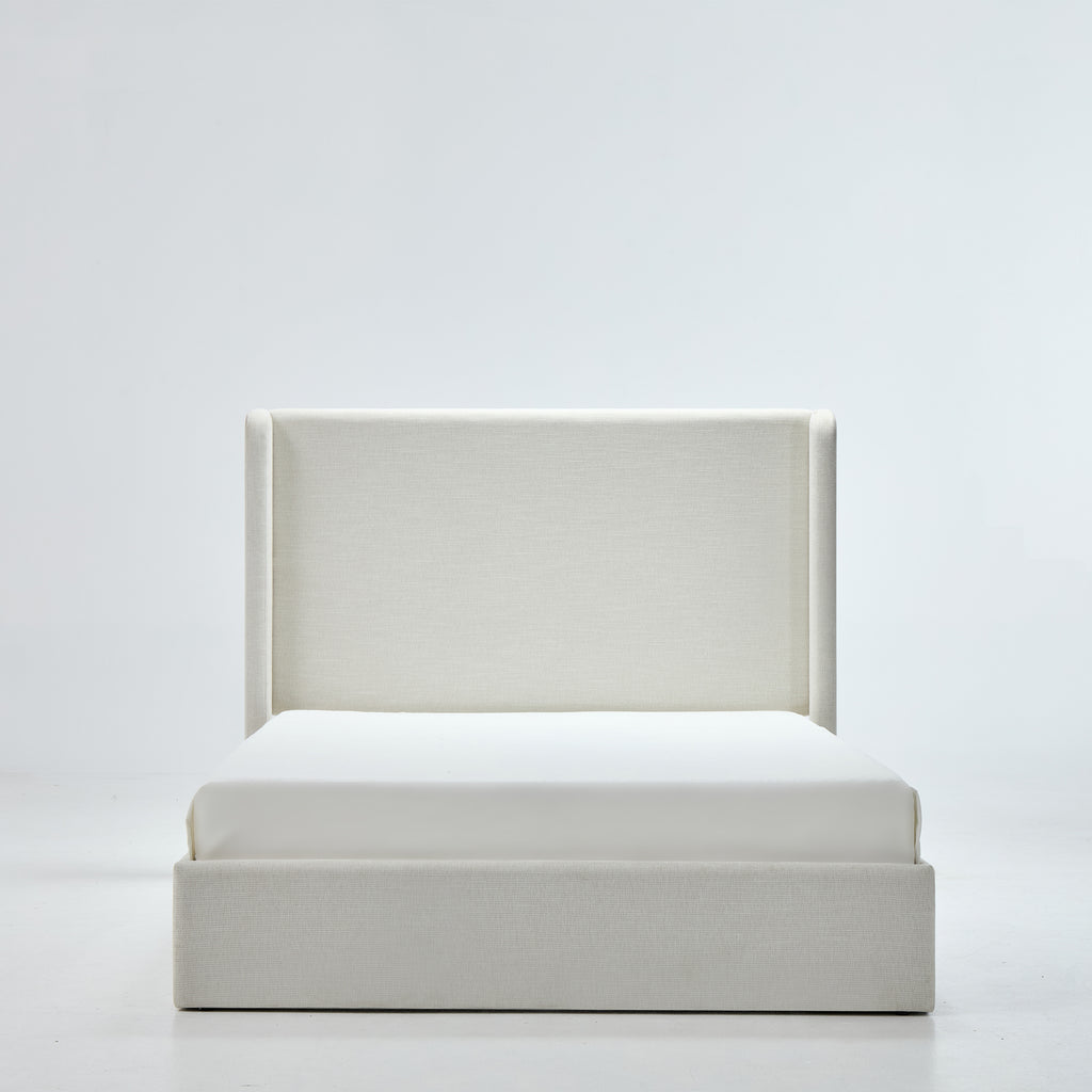 Carmen Upholstered Wingback Bed Frame in Textured Ivory Canvas Chenille with 52' Tall Headboard, Minimalist Design, No Box Spring Needed, California King