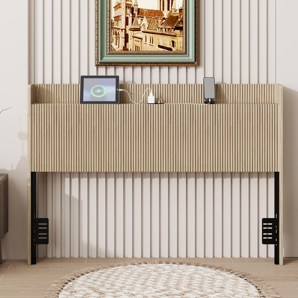 Fluted Headboard with Charging Storage Compartment, Adjustable Metal Support Legs, Vertical Slat Wood Headboard for Twin Full Queen Size Bed, Freestanding Farmhouse Bed Headboard fo(Golden Oak, Queen)