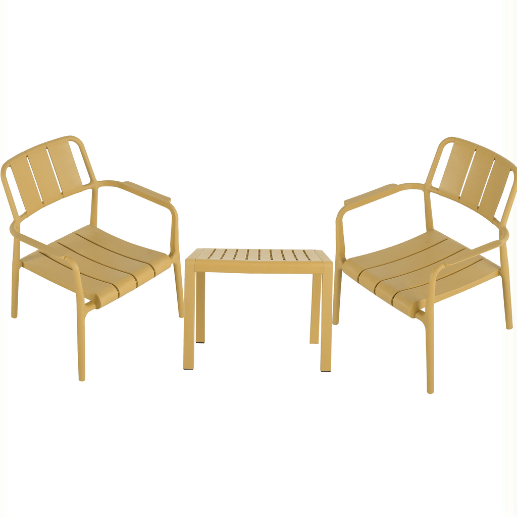 Three-piece indoor/outdoor leisure table and chair set (two chairs and one coffee table), UV-resistant, waterproof and durable, brick yellow, 25*20.47*27.56 (in)/19.69*19.69*14.96 (in), Polypropylene.