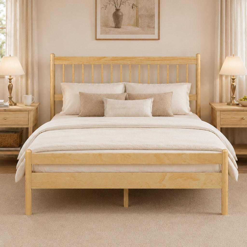 Traditional Style Queen Size Bed with Headboard and Footboard, Pinewood Bed with Strengthened Bed Frame ,Walnut 
,Natural