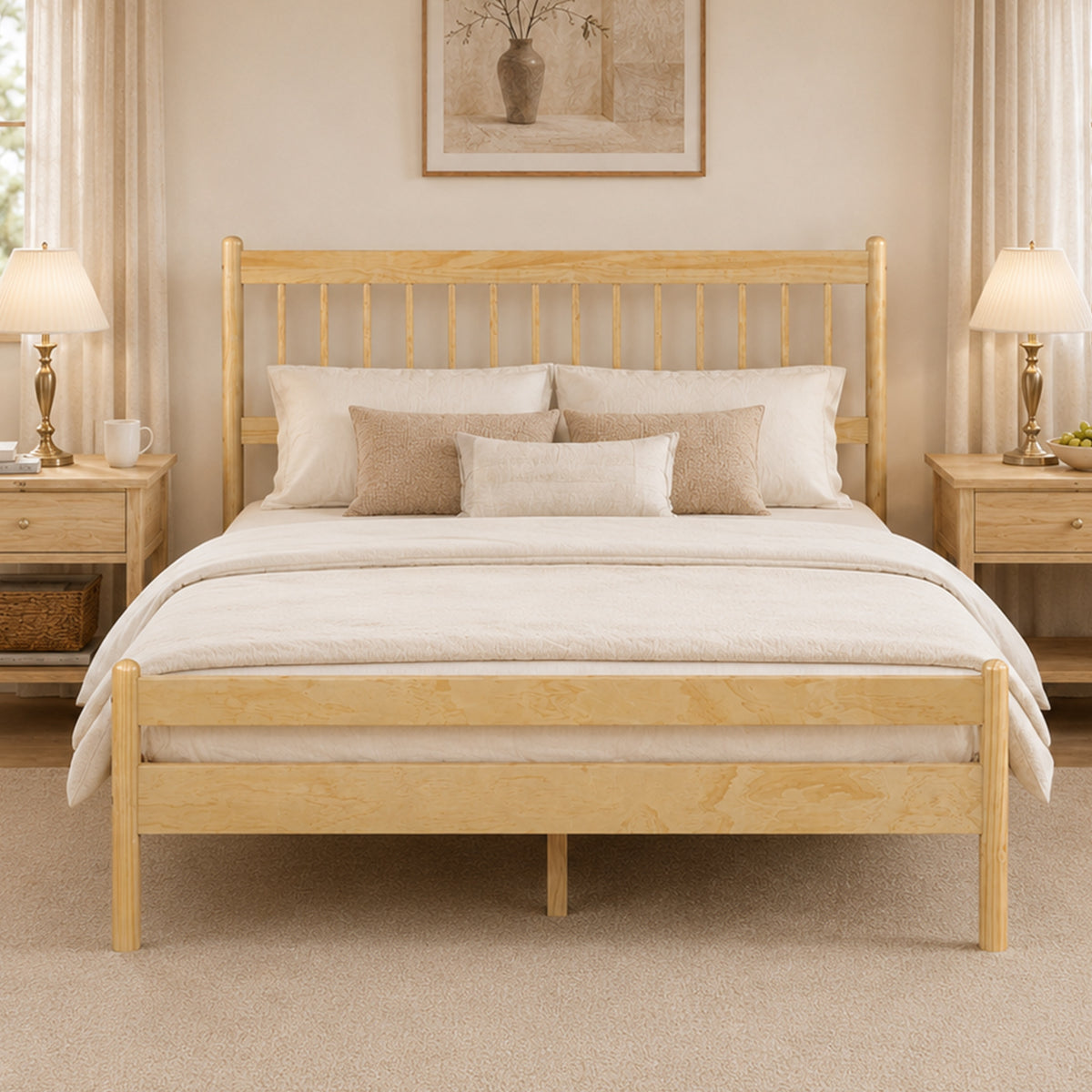 Traditional Style Queen Size Bed with Headboard and Footboard, Pinewood Bed with Strengthened Bed Frame ,Walnut 
,Natural
