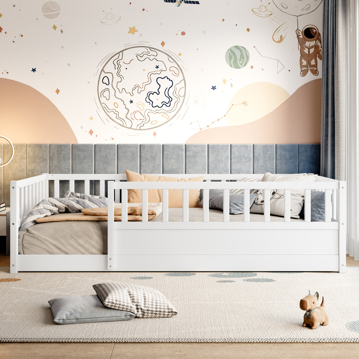 Twin Size Floor bed, integral construction with super high security barrier, door, children's floor bed frame, Montessori wooden children's floor bed, white(Patented model)