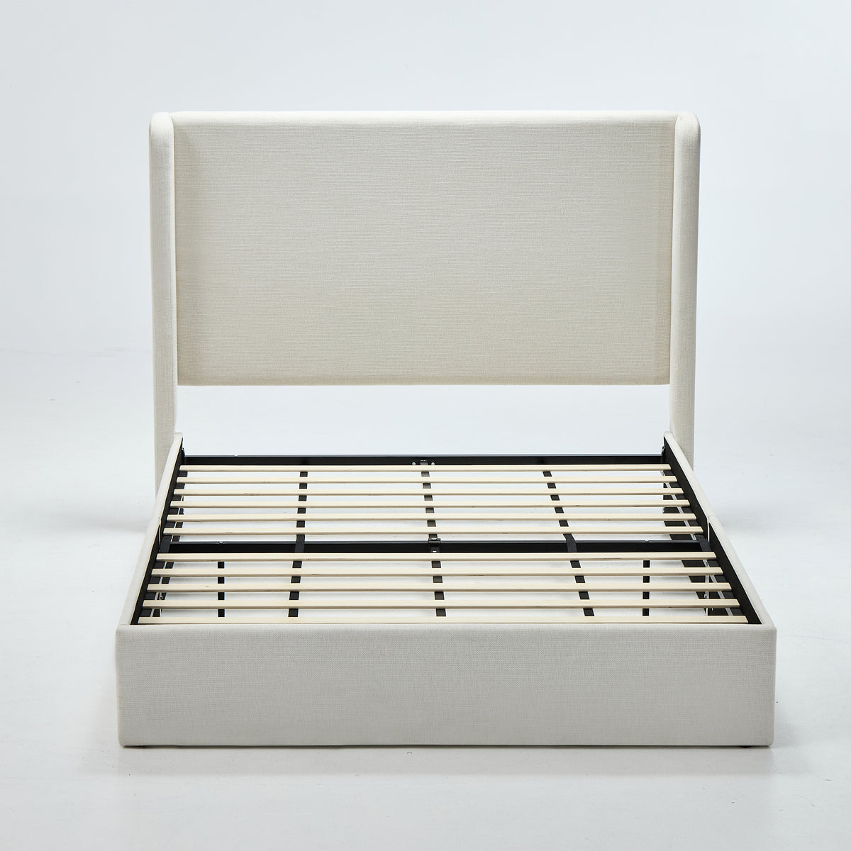 Carmen Minimalist Upholstered Wingback Bed Frame with Textured Ivory Canvas Chenille and 54' High Headboard
