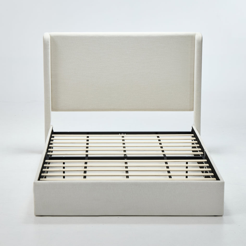 Carmen Upholstered Wingback Bed Frame with 52.3' High Headboard in Textured Ivory Canvas Chenille, Minimalist Design, No Box Spring Needed