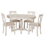 Antique White Modern Dining Table Set for 4 with Round Table and Chairs, Solid Wood & MDF