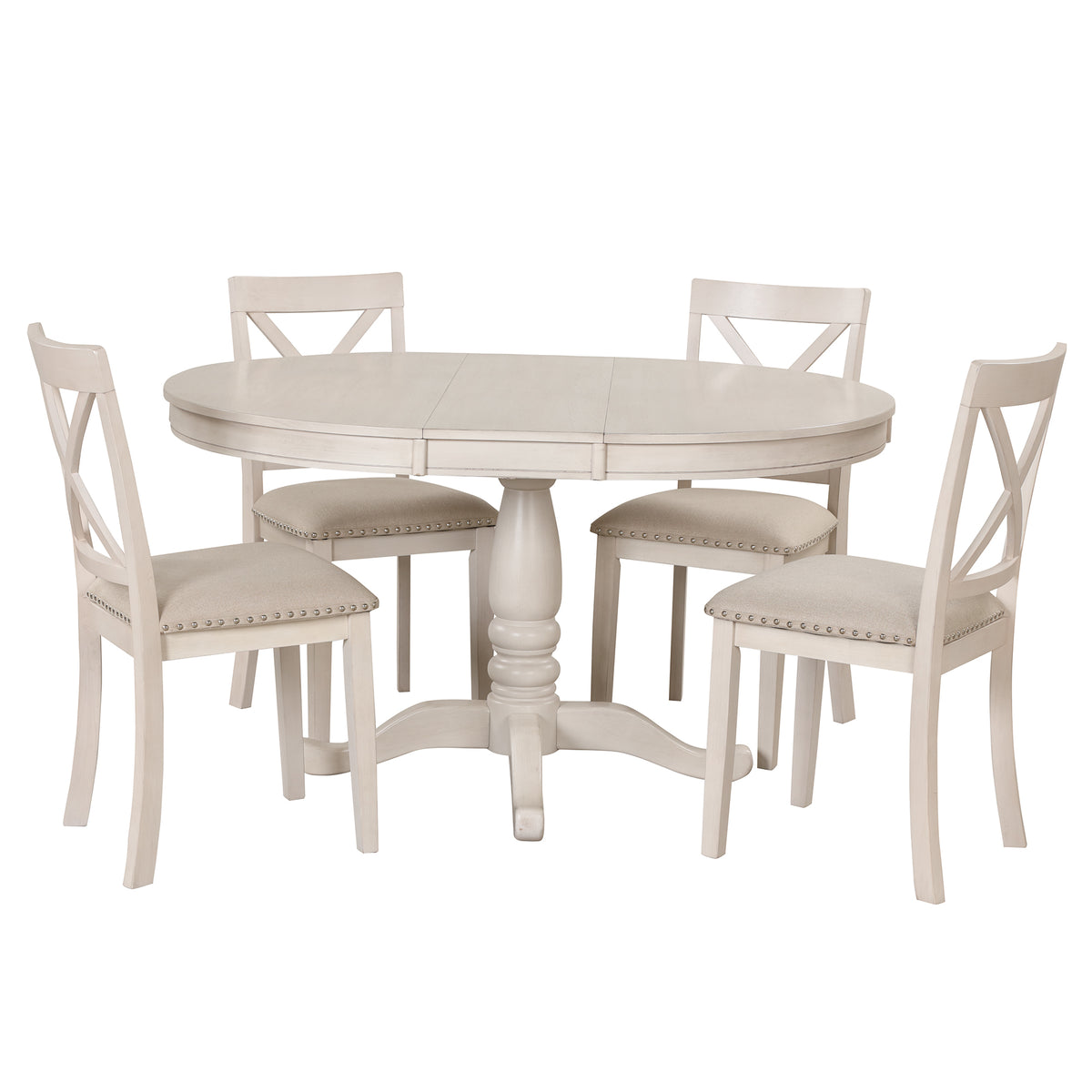 Antique White Modern Dining Table Set for 4 with Round Table and Chairs, Solid Wood & MDF
