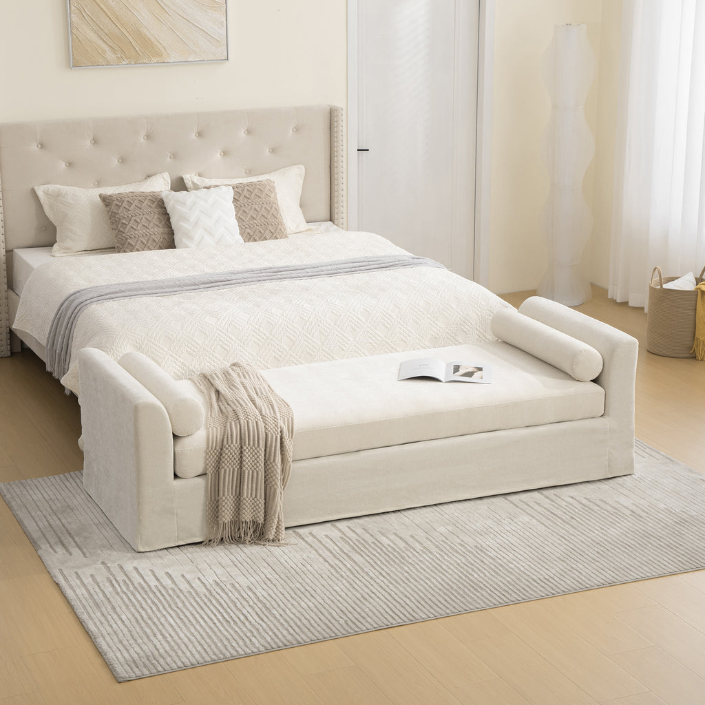 88.58' Wide Modern Bench, Bed End Bench with Armrests,Chenille Chaise Lounge Couch with 2 Bolster Pillows, Suitable For Living Rooms, Entryways, Dormitories, And Bedrooms.Beige