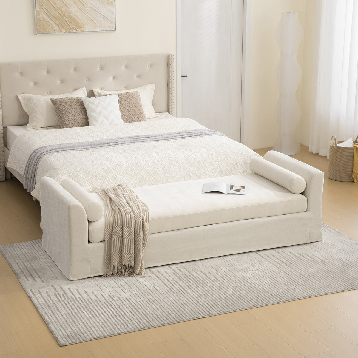 88.58' Wide Modern Bench, Bed End Bench with Armrests,Chenille Chaise Lounge Couch with 2 Bolster Pillows, Suitable For Living Rooms, Entryways, Dormitories, And Bedrooms.Beige