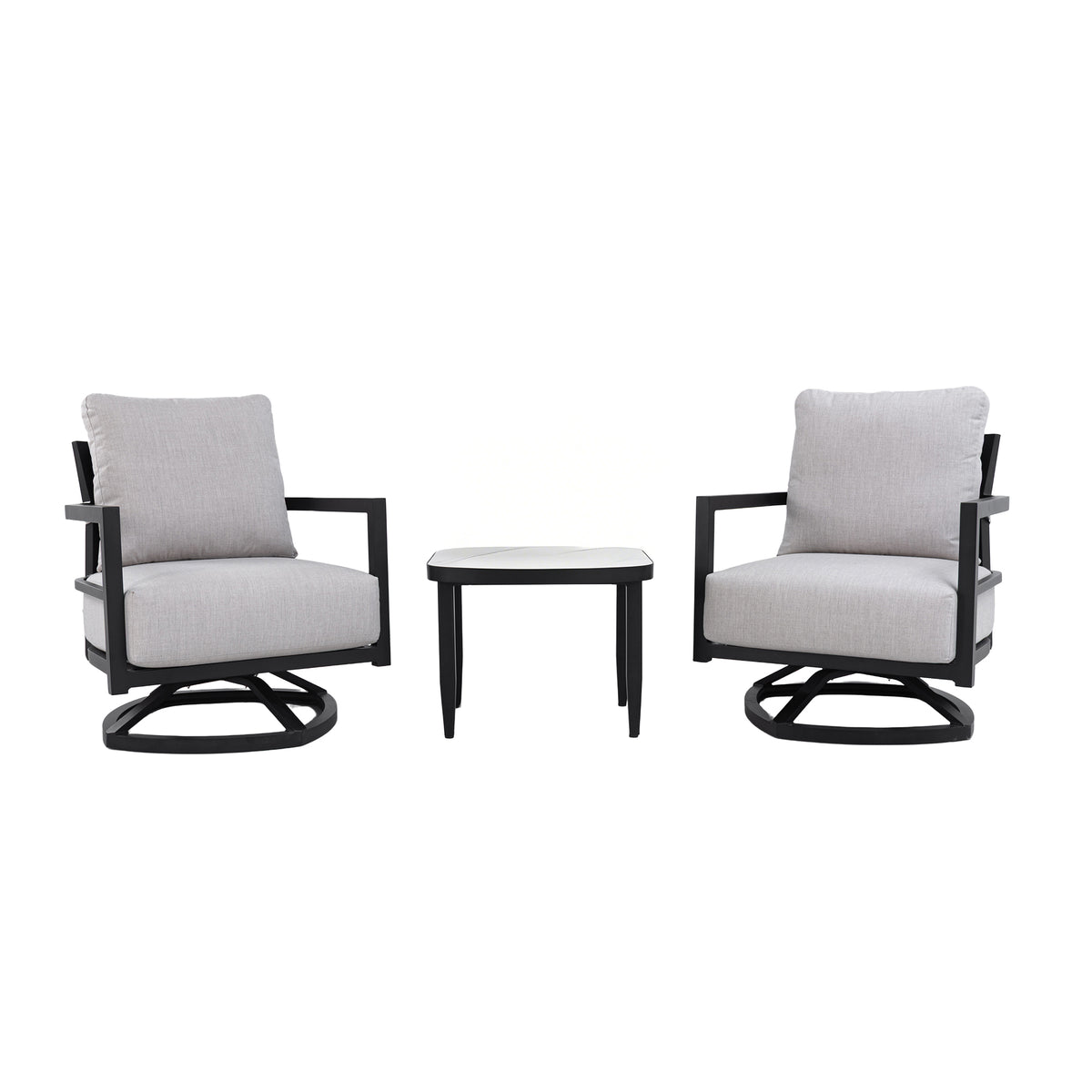 3PC Outdoor Aluminum Patio Furniture,Modern Fully Weld Swivel Lounge Chair Chat Set,Sunbrella Cushions,Elegance Arc 23.6'' Side Table with Greek White Marble-Inspired Sintered Stone Top,Ember Black