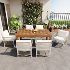 TOPMAX Patio 7pcs Wooden Dining Table Set, Outdoor 67''L Rectangular Table with 6 Rattan Arm Chairs for Poolside, Backyard, Garden, Natural