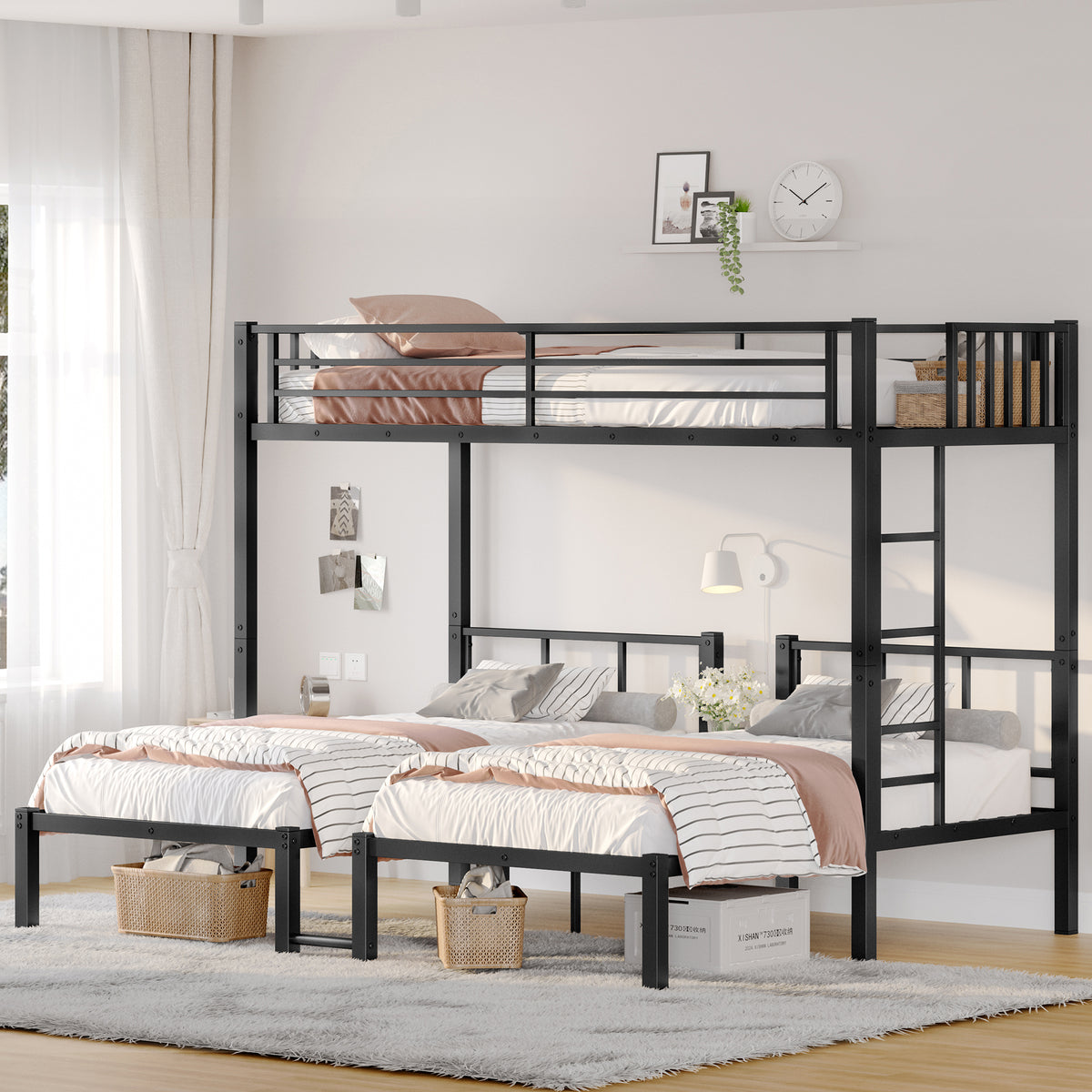 Twin over Twin & Twin Bunk Beds for 3, Twin XL over Twin & Twin Bunk Bed Metal Triple Bunk Bed, Black
