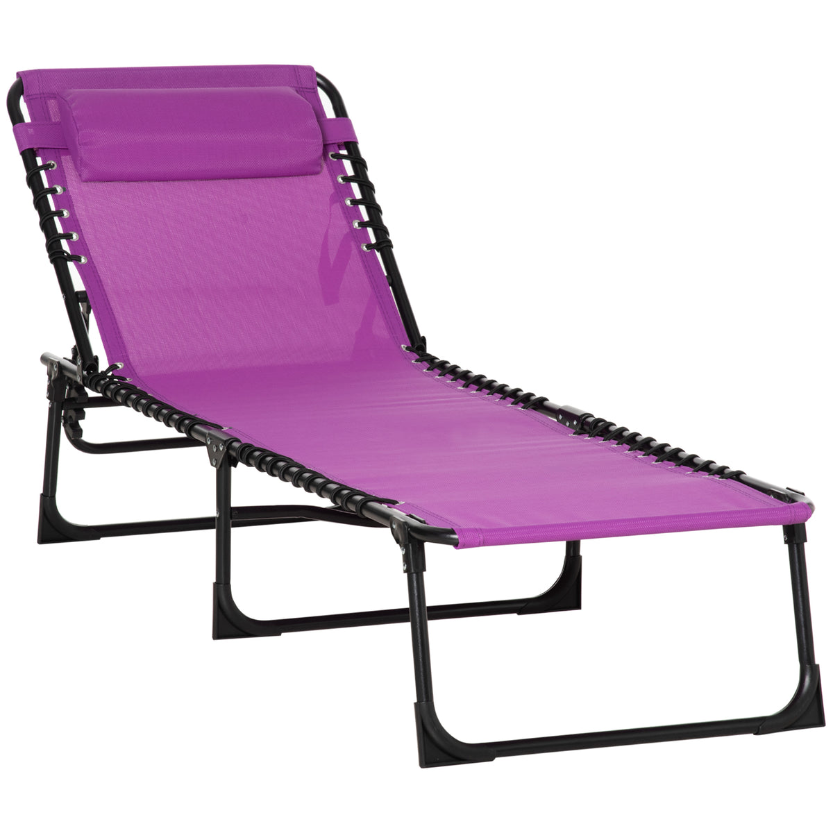 Outsunny Folding Chaise Lounge Pool Chair, Patio Sun Tanning Chair, Outdoor Lounge Chair w/ 4-Position Reclining Back, Pillow, Breathable Mesh & Bungee Seat for Beach, Yard, Patio, Purple