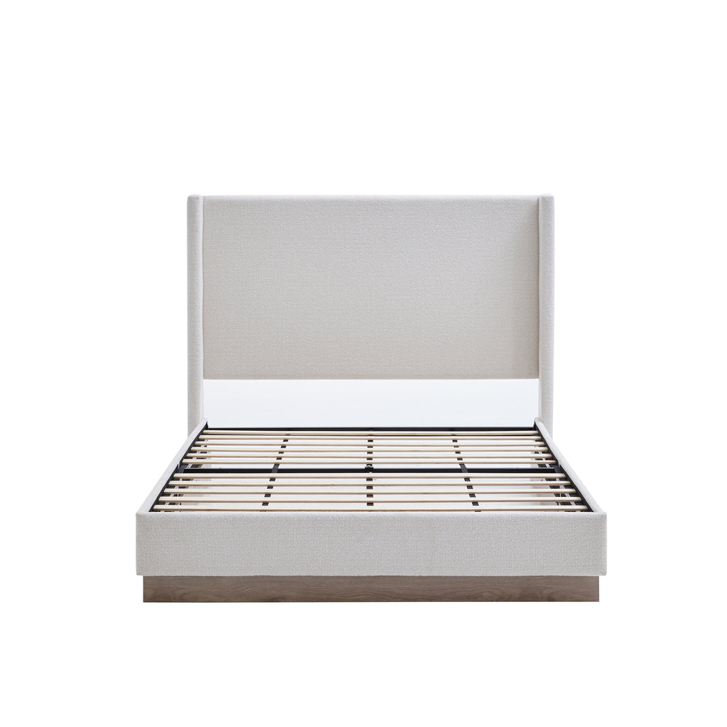 Hosford Upholstered Wingback Bed with Wood Base Platform, 53.1' High Headboard, Cream White Boucle, Minimalist Rustic Design