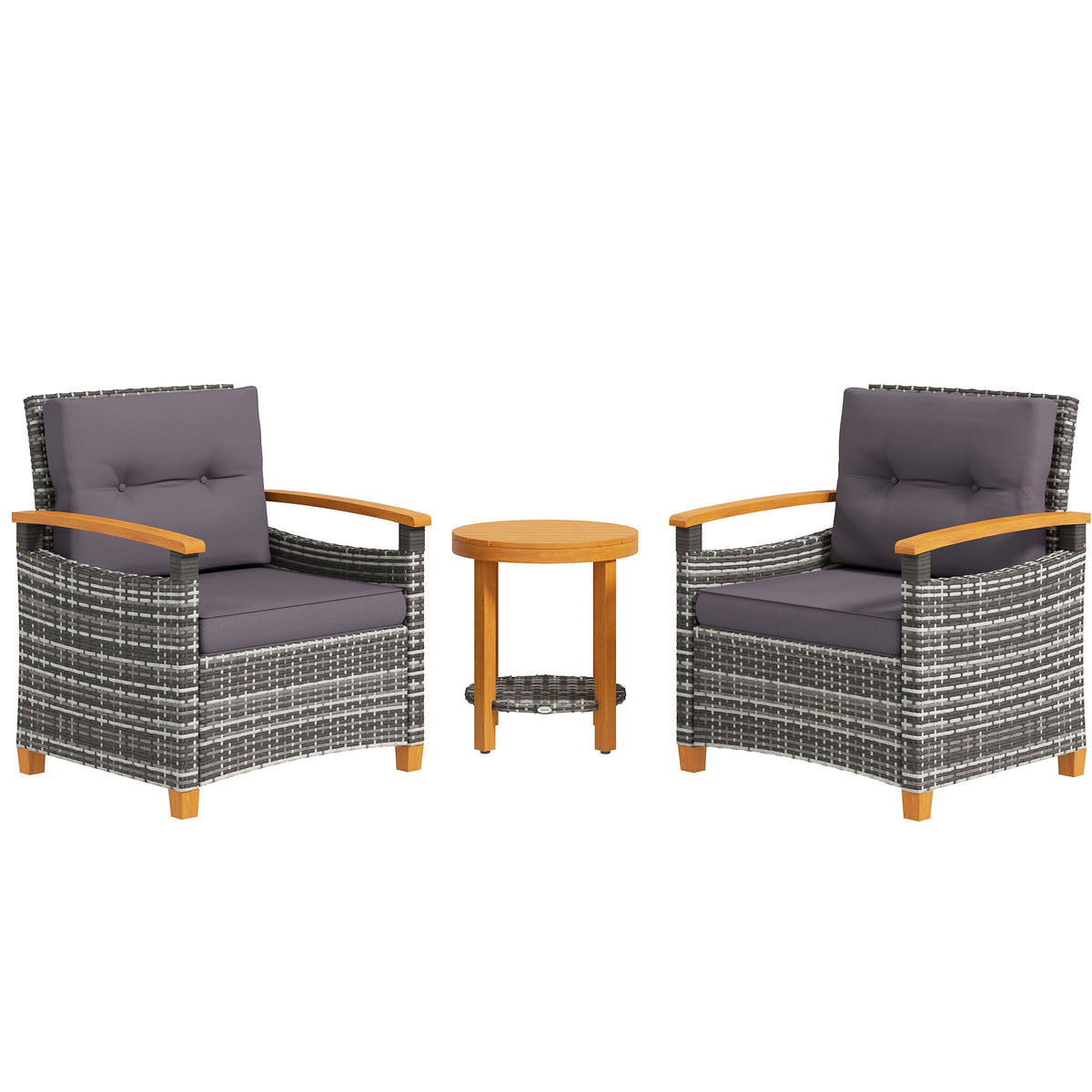 Outsunny 3 Pieces Patio Bistro Set Wooden with Cushions, PE Wicker Patio Furniture Outdoor for Porch, Backyard, Garden, Gray