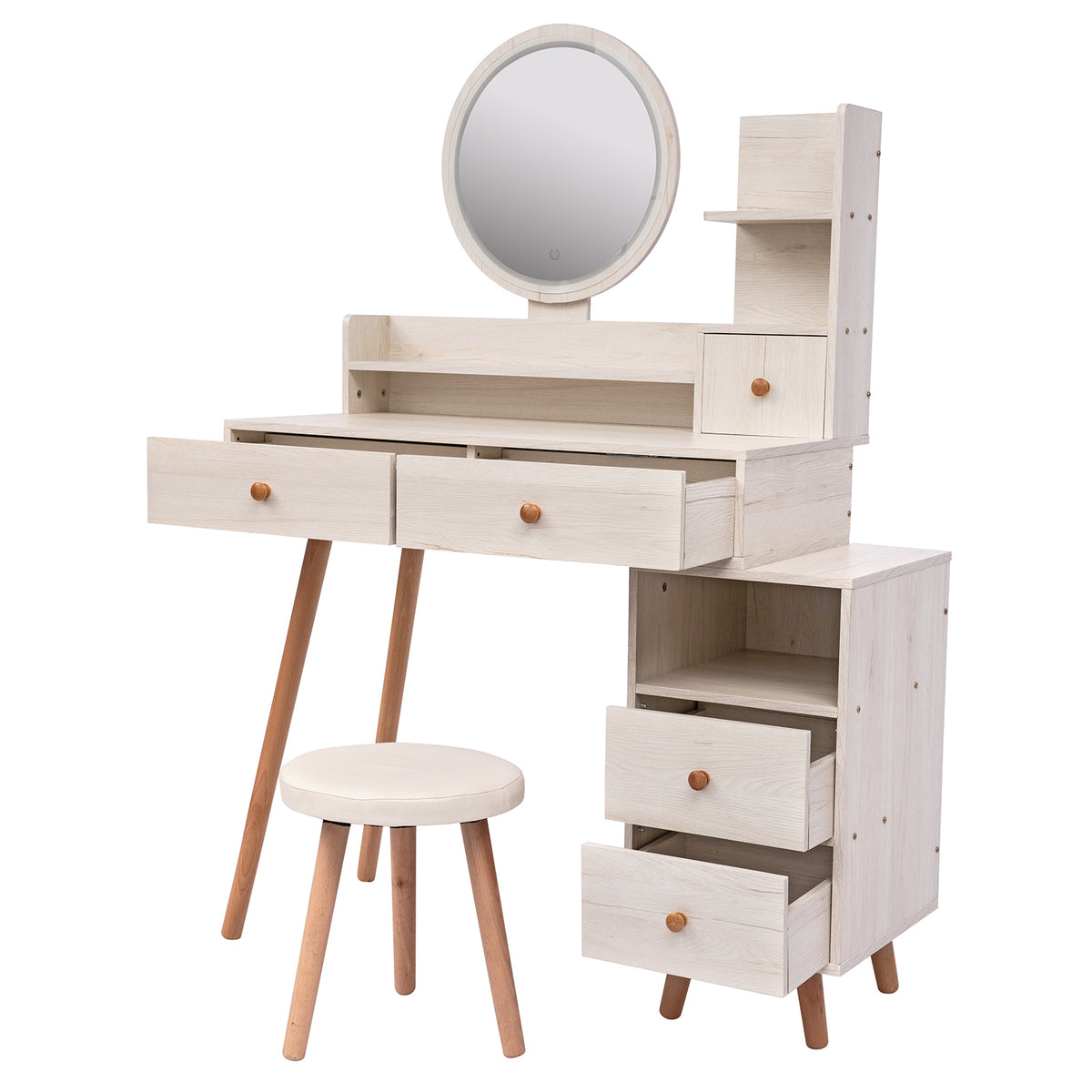 CRAZY ELF Stylish Vanity Table + Cushioned Stool, Touch Control LED Mirror, Large Capacity Storage Cabinet, 5 Drawers, Fashionable Makeup Furniture, Length Adjustable(L31.5'-43.2'x W15.8' x H48.1')