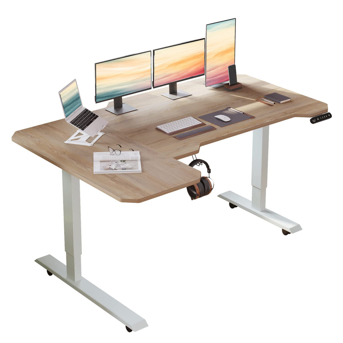 L-Shaped Corner Standing Desk  59' Height Adjustable Electric Standing Desk, Sit and Stand Up Computer Desk For Home Office Oak