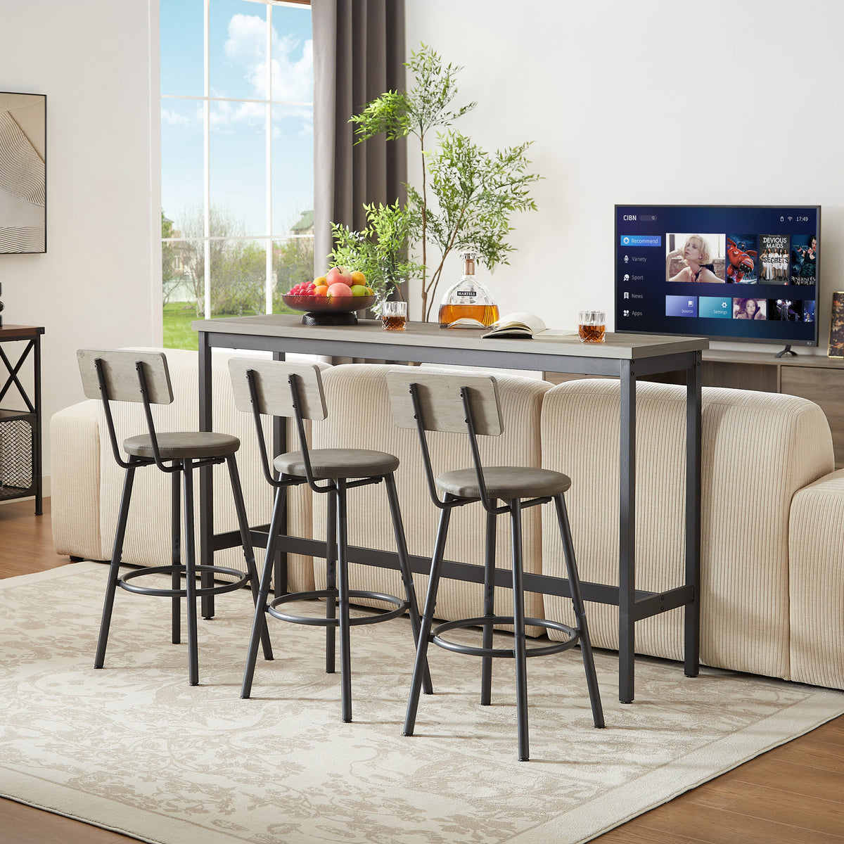 Long Bar Table Set with 3 PU Upholstered Bar Stools, Industrial Bar Table and Chairs for Kitchen Breakfast Table, Living Room, Banquet Hall, Rustic Gray and Black, 63″L x15.7'W x 37.5'H