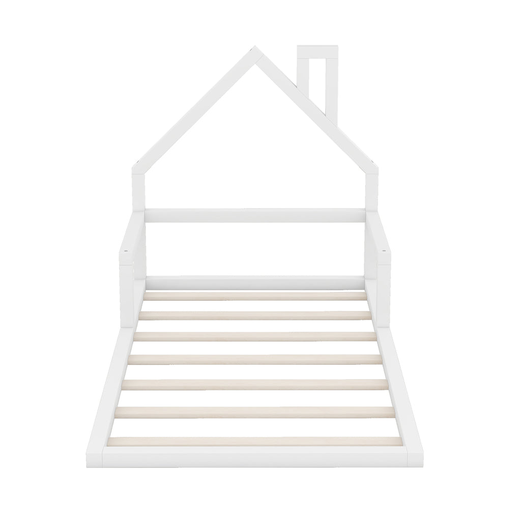 Twin Size Wood Floor Bed with House-shaped Headboard in White, Solid Pine Wood+MDF