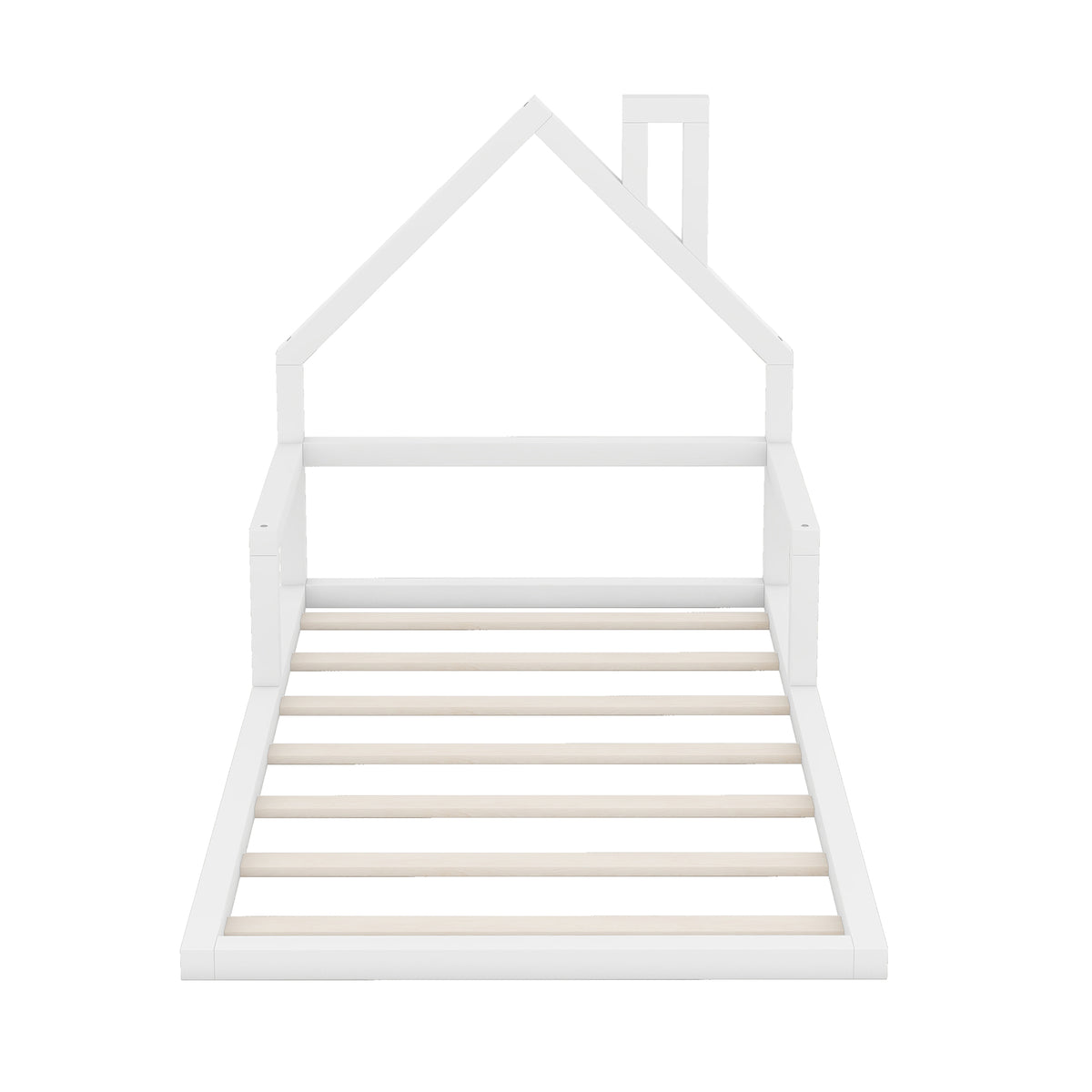 Twin Size Wood Floor Bed with House-shaped Headboard in White, Solid Pine Wood+MDF