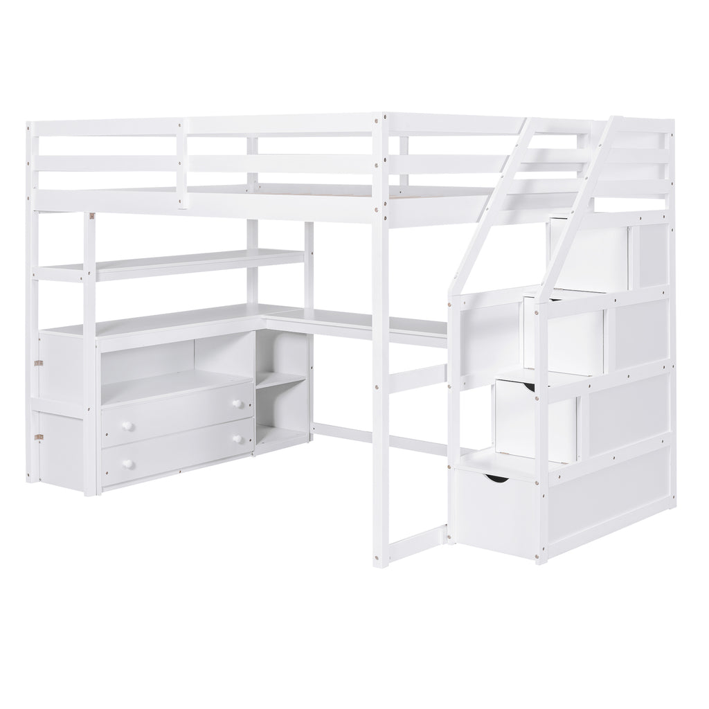 White Full Size Loft Bed with Desk, Shelves, Two Drawers, Storage Staircase, Solid Pine Wood