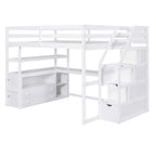 White Full Size Loft Bed with Desk, Shelves, Two Drawers, Storage Staircase, Solid Pine Wood