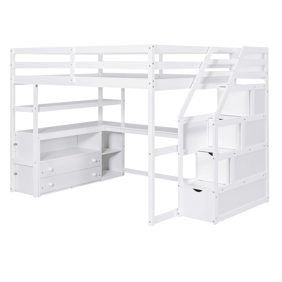 White Full Size Loft Bed with Desk, Shelves, Two Drawers, Storage Staircase, Solid Pine Wood