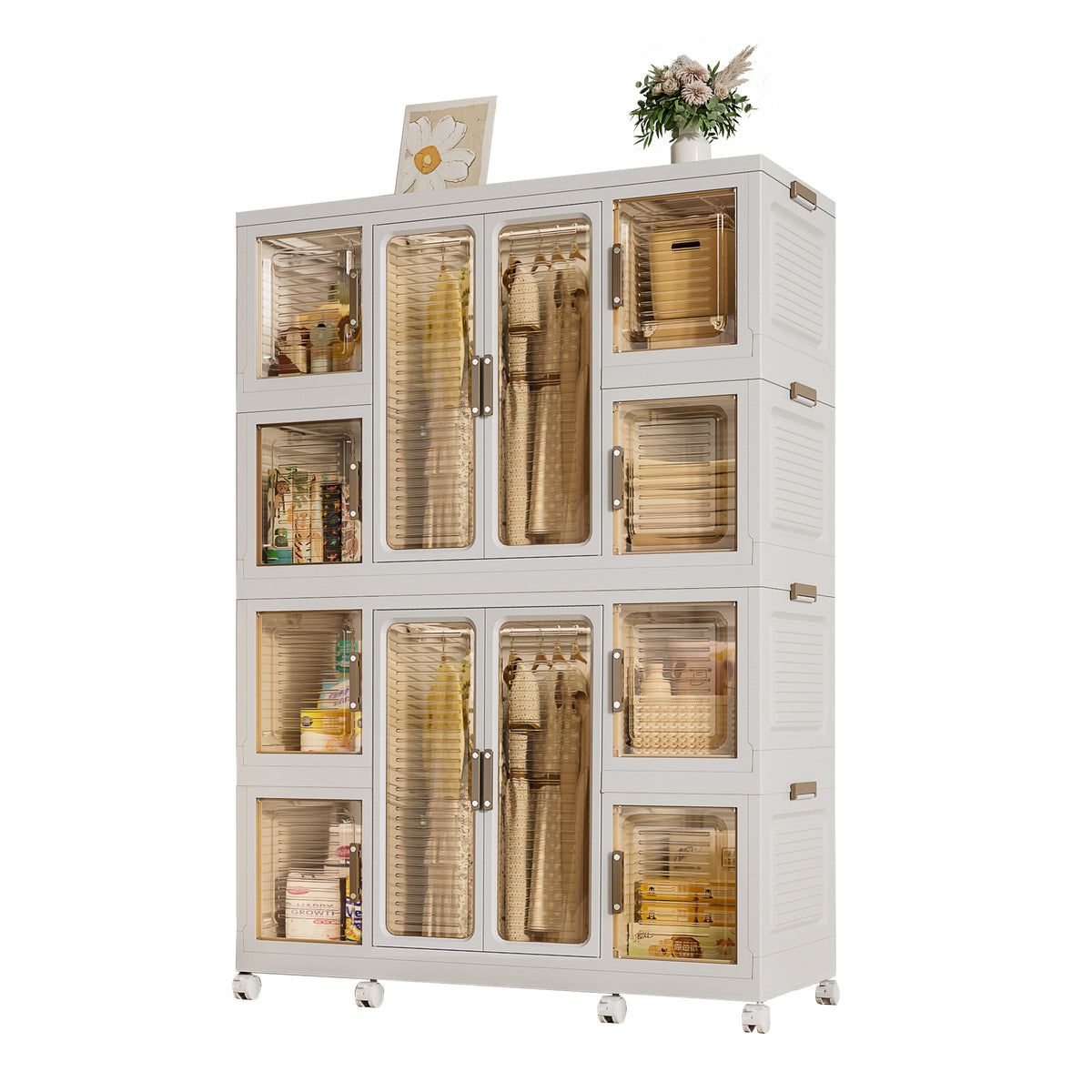 Portable Wardrobe Closet Storage Organizer for Clothes with Magnetic Doors, 12 Cubes & 2 Hanging Rods, White