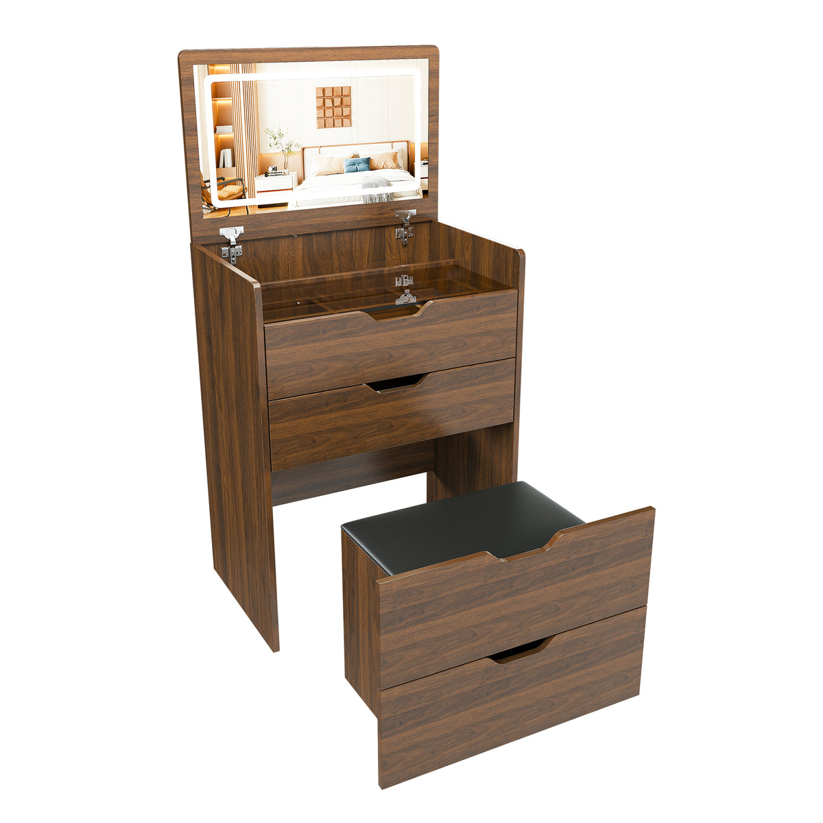 3-in-1 Vanity Desk with Lighted Mirror & Stool, Flip Top Makeup Dressing Table in Walnut Finish, Compact Storage for Bedroom, Bathroom, Dressing Room, 23.62'L