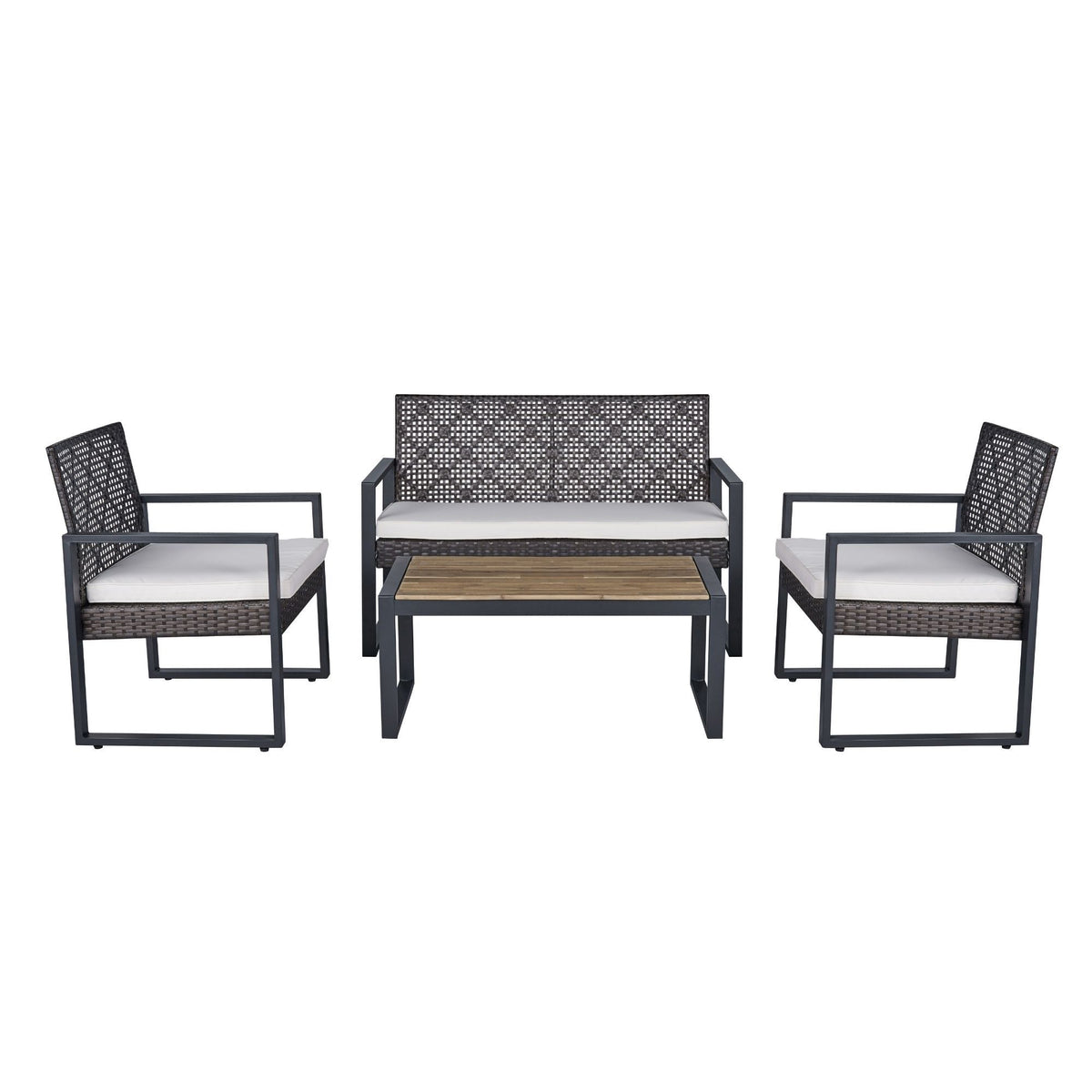 Modern 4-Piece Patio Furniture Set with Acacia Wood Table Top and Beige Cushions, Brown