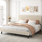 King bed frame with a bandaged headboard is stable and easy to assemble, and the style is simple and elegant,beige
