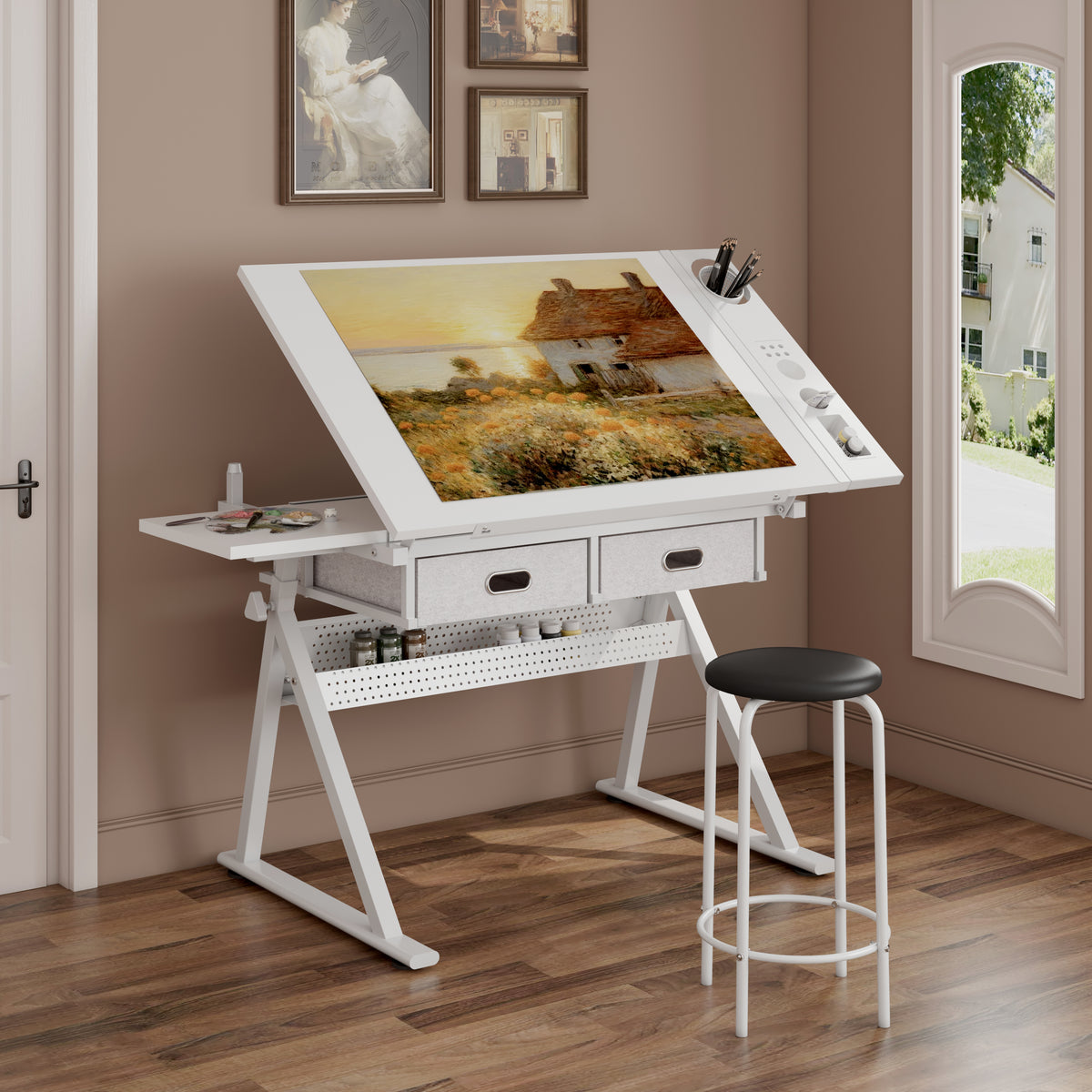 Adjustable drawing drafting table desk with 2 drawers for home office and school with stool (all white)