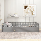 Twin Size Floor bed, integral construction with super high security barrier, door, children's floor bed frame, Montessori wooden children's floor bed, Support slat Grey(Patented model)